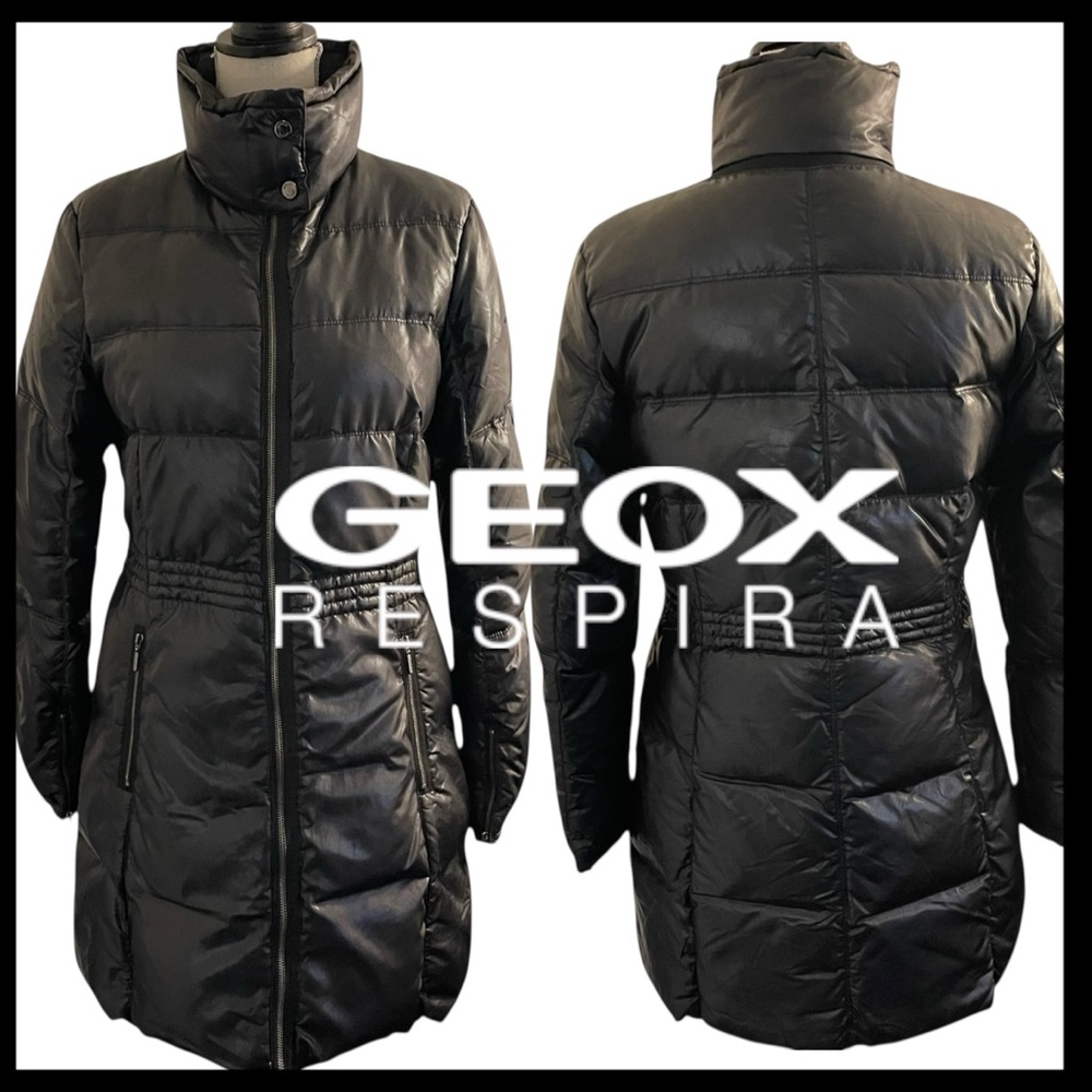 GEOX Respira Black Cinch Waist Long Down/Feather Puffer Jacket (8/10) - Picture 3 of 16